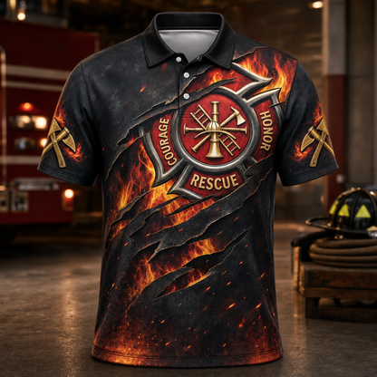 Firefighter Courage Honor Rescue AOP Polo - Polo shirt - All over printed c2043ff5-486b-4497-9365-dca8cfc5b6fc.png