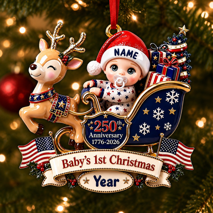 Baby's 1st Christmas In Sleigh America 250th Anniversary - Real 3D Raised Ornament