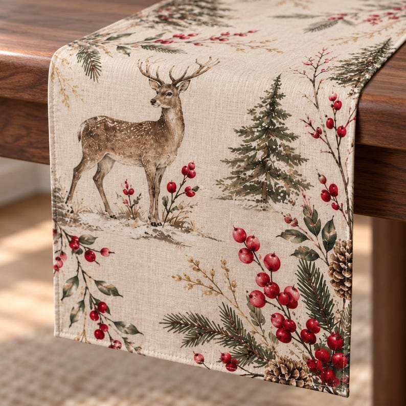 Christmas Table Runner, Woodland Deer Holiday Decor, Botanical Reindeer Runner, Elegant Rustic Christmas Dining Gift c61c7bc6-3bd4-43ac-ba11-d67d74d7a586--2.jpg