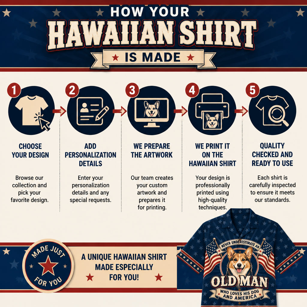 Old Man Dog & America Patriotic Hawaiian Shirt - How it is made
