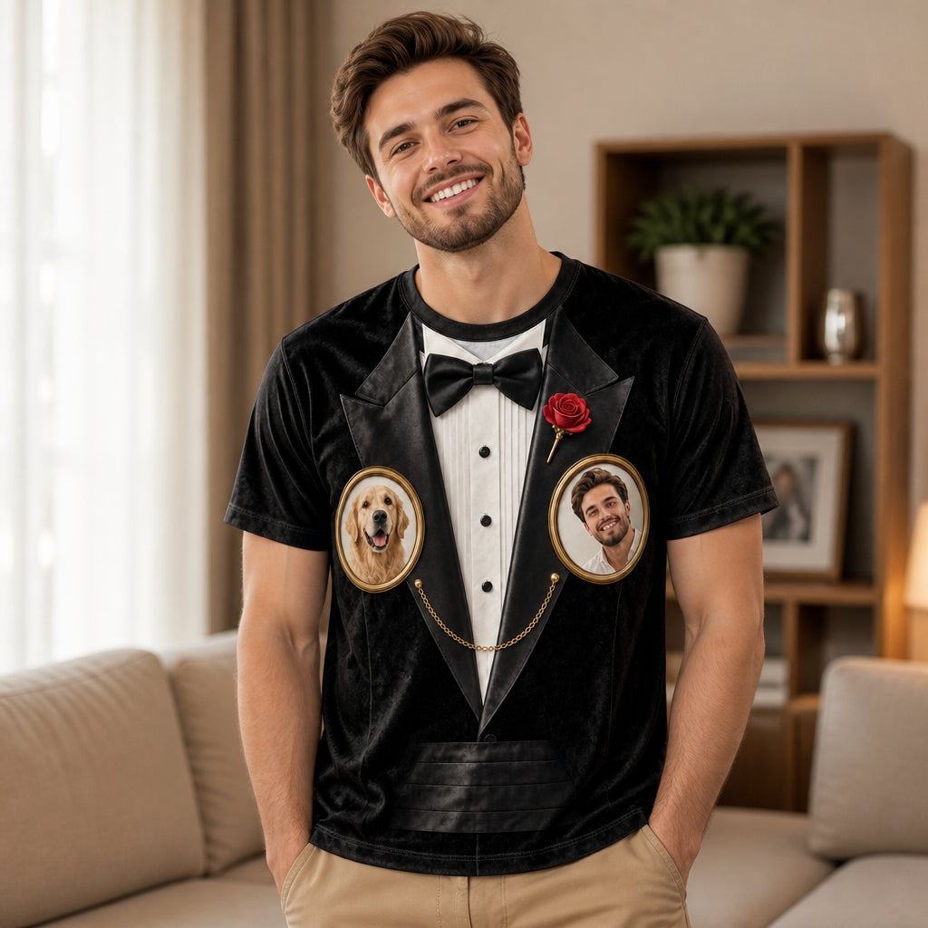 Tuxedo Cameos – Your Face & Pet Face AOP Tee - Lifestyle 2