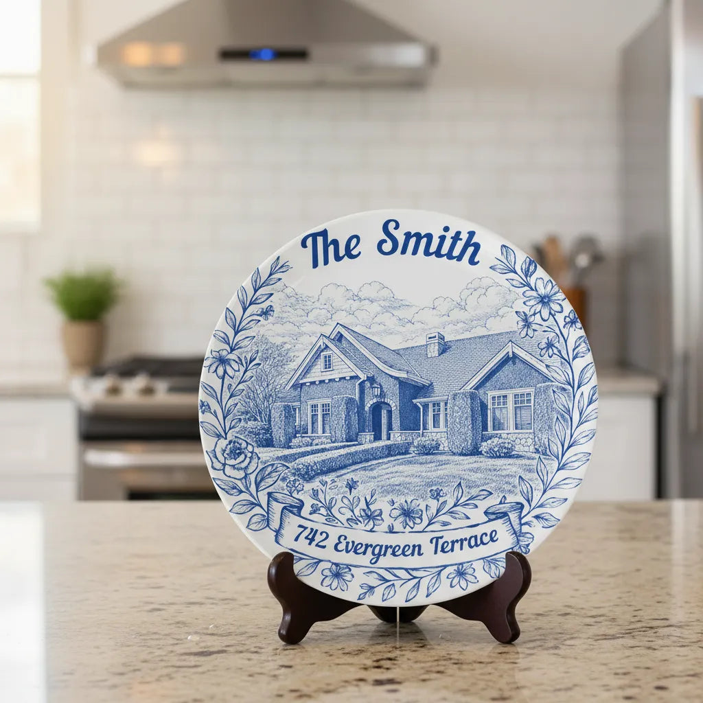 Personalized Family Name & Address Plate Custom Blue Vintage Porcelain Keepsake