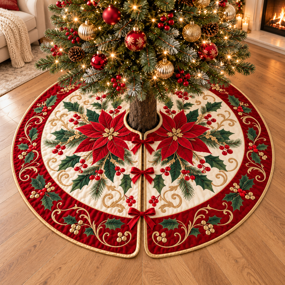 Poinsettia Christmas Tree Skirt, Red and Gold Floral Holiday Decor, Soft Velveteen Tree Stand Cover c9e88ede-e4d3-4c2a-9c76-fb4c8442a49d-banner-2.png