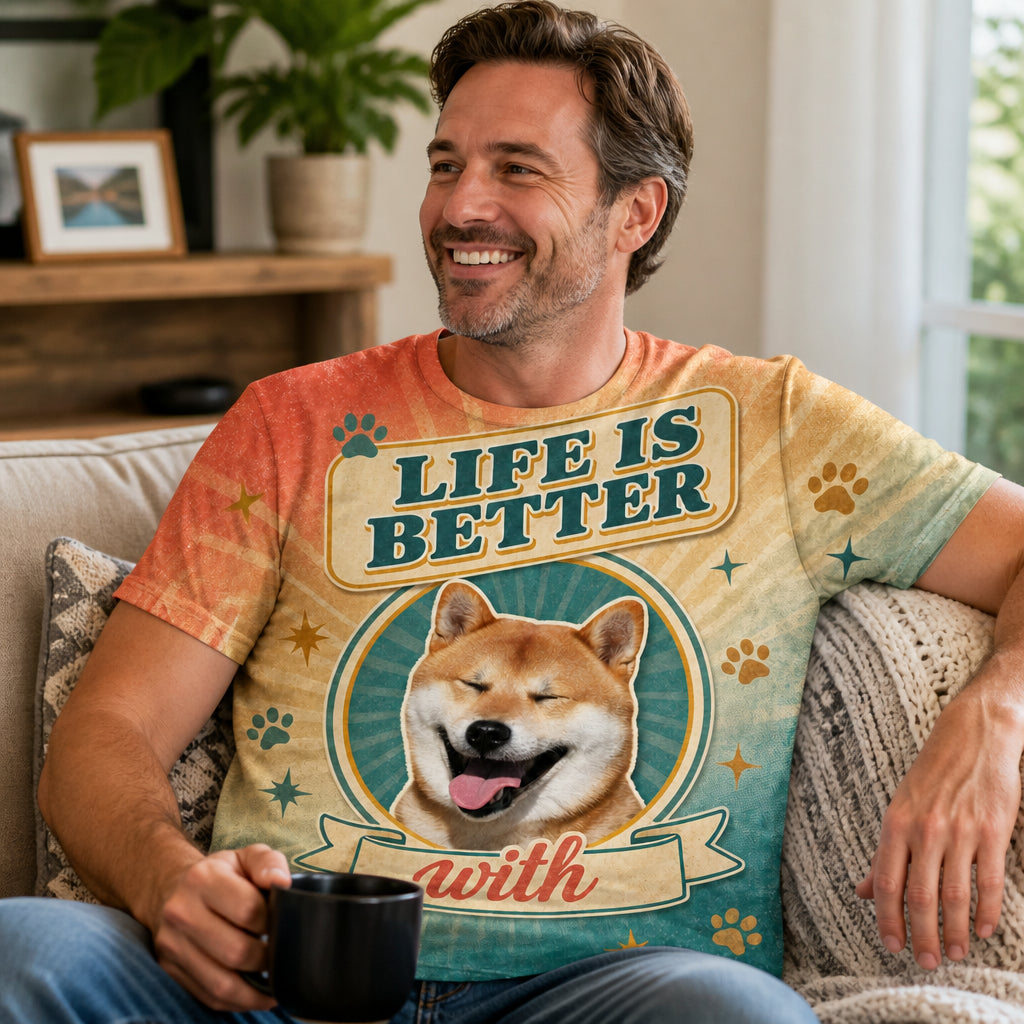 Life Is Better With – Retro Badge Pet Photo AOP Tee - Lifestyle 2