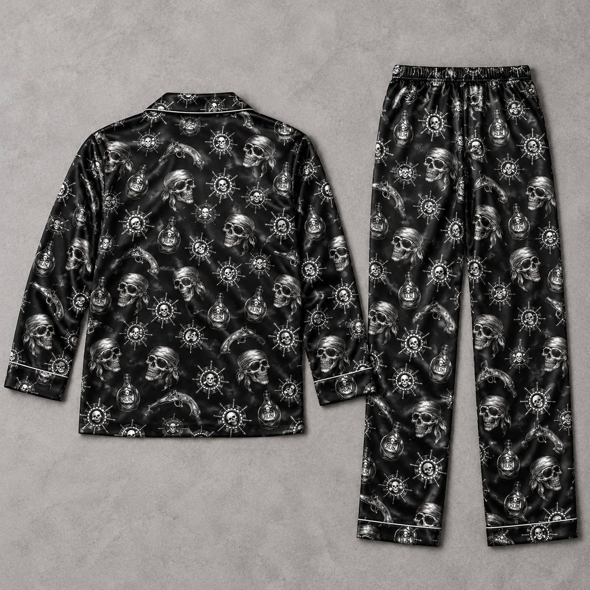 Cool Pirate Skull Pajama Set, Black Satin with Nautical Crossbones Print, Gothic Sleepwear with Pocket, Short & Long Sleeve, Gift For Hims cd0d07a5-539a-457b-984a-a56f4116b957-fff.png