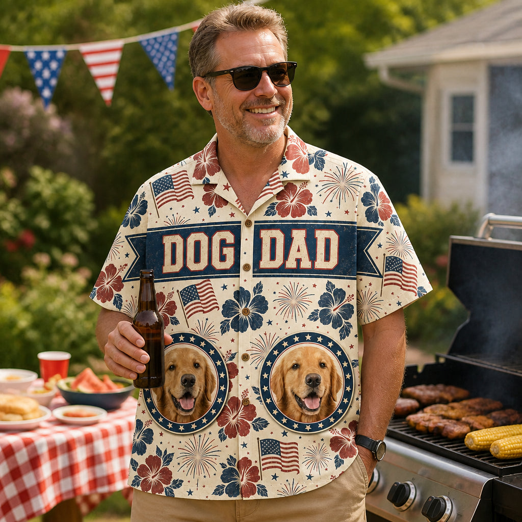 Patriotic Dog Dad Hawaiian Shirt – 2 Pet Photo Edition - Lifestyle 2