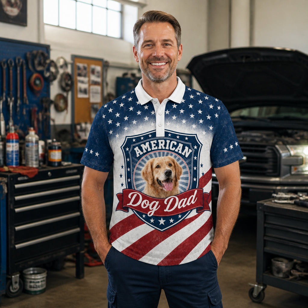 American Dog Dad Photo Polo – Personalized Pet Portrait - Lifestyle 1