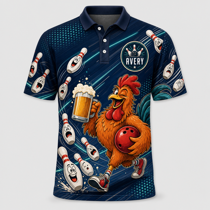 Personalized Rooster Bowling Polo Shirt – Custom Name, All-Over Print