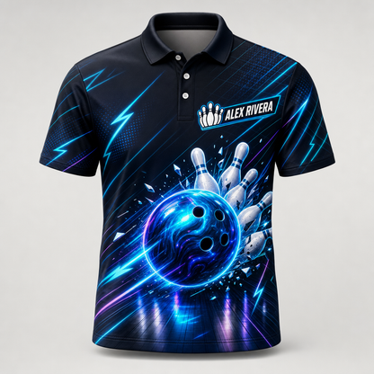 Personalized Neon Strike Bowling Polo Shirt – Custom Name, All-Over Print