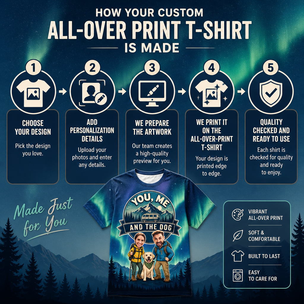 You, Me and the Dog – Road-Trip AOP Tee (3 Face Uploads) - How to customize