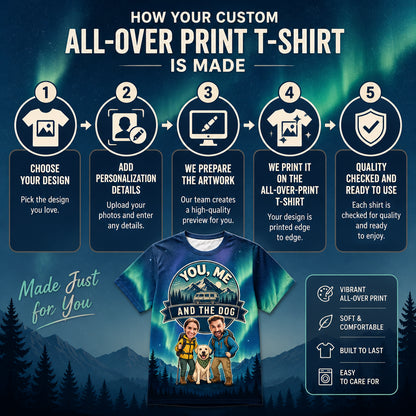 You, Me and the Dog – Road-Trip AOP Tee (3 Face Uploads) - How to customize