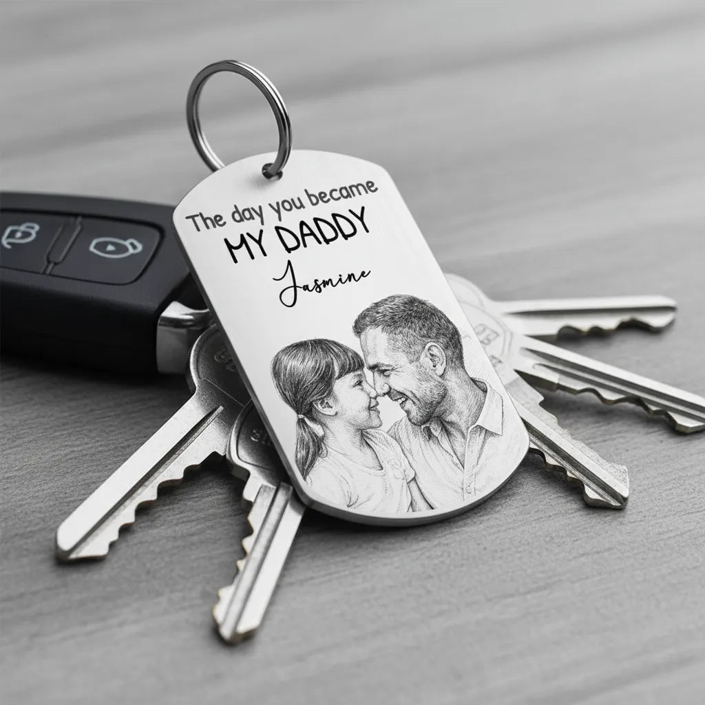 Custom Photo Pencil Sketch Calendar The Day You Became My Mom - Personalized Keychain