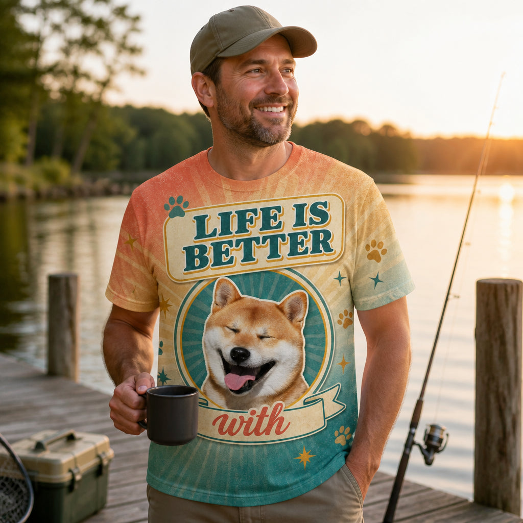 Life Is Better With – Retro Badge Pet Photo AOP Tee - Lifestyle 1