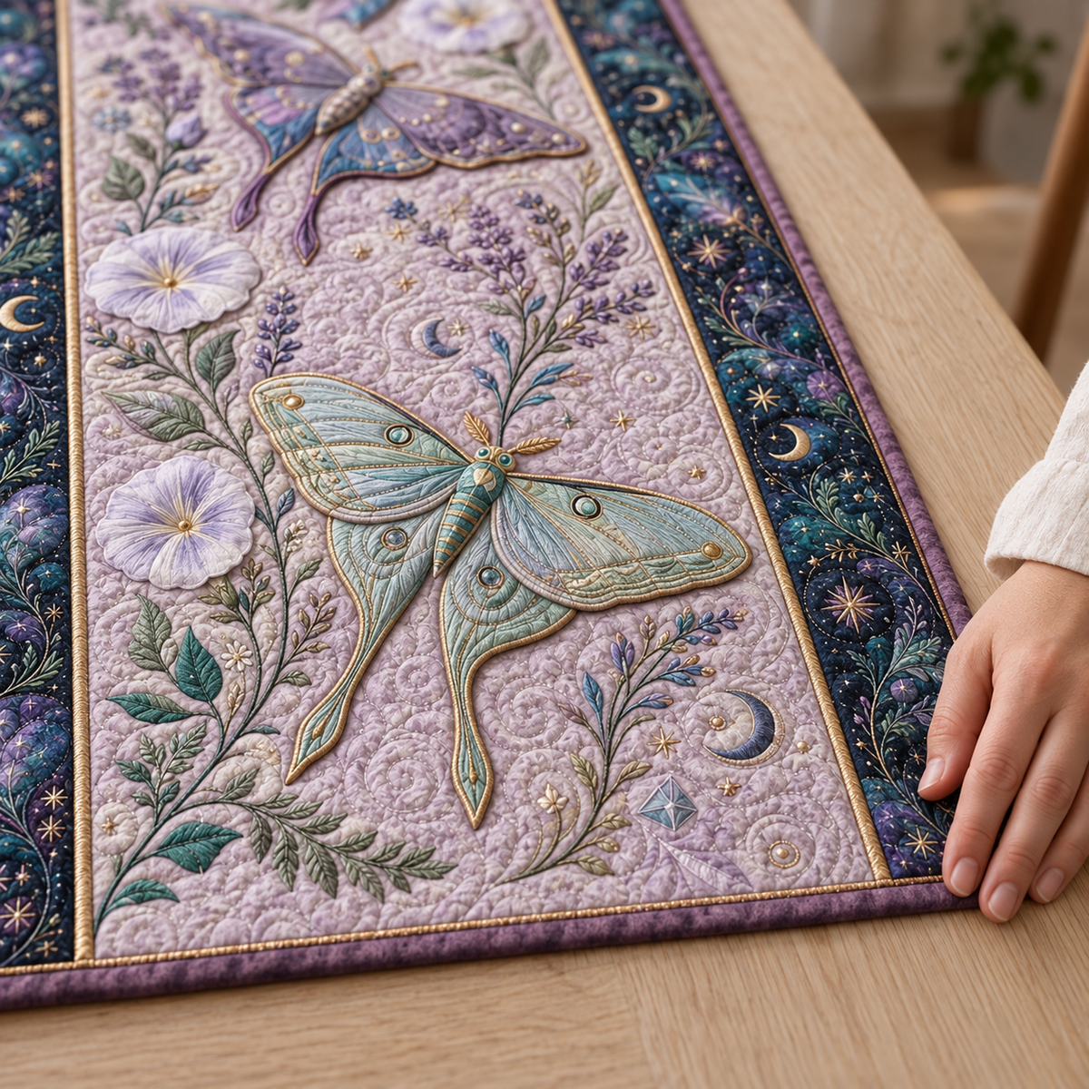 Quilted Luna Moth Table Runner, Celestial Botanical Decor, Asthetic Gift d475ba1b-f74c-4806-a543-8ff49ad5dc6b-Pale-Mint-Moth-Quilted-Table-Runner-2.png