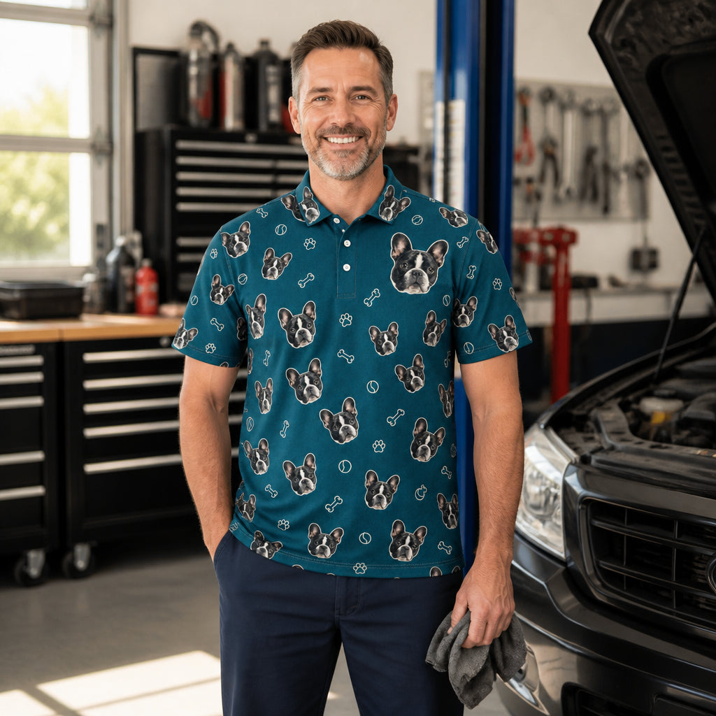 Custom Pet Face Repeat AOP Polo - Lifestyle 1