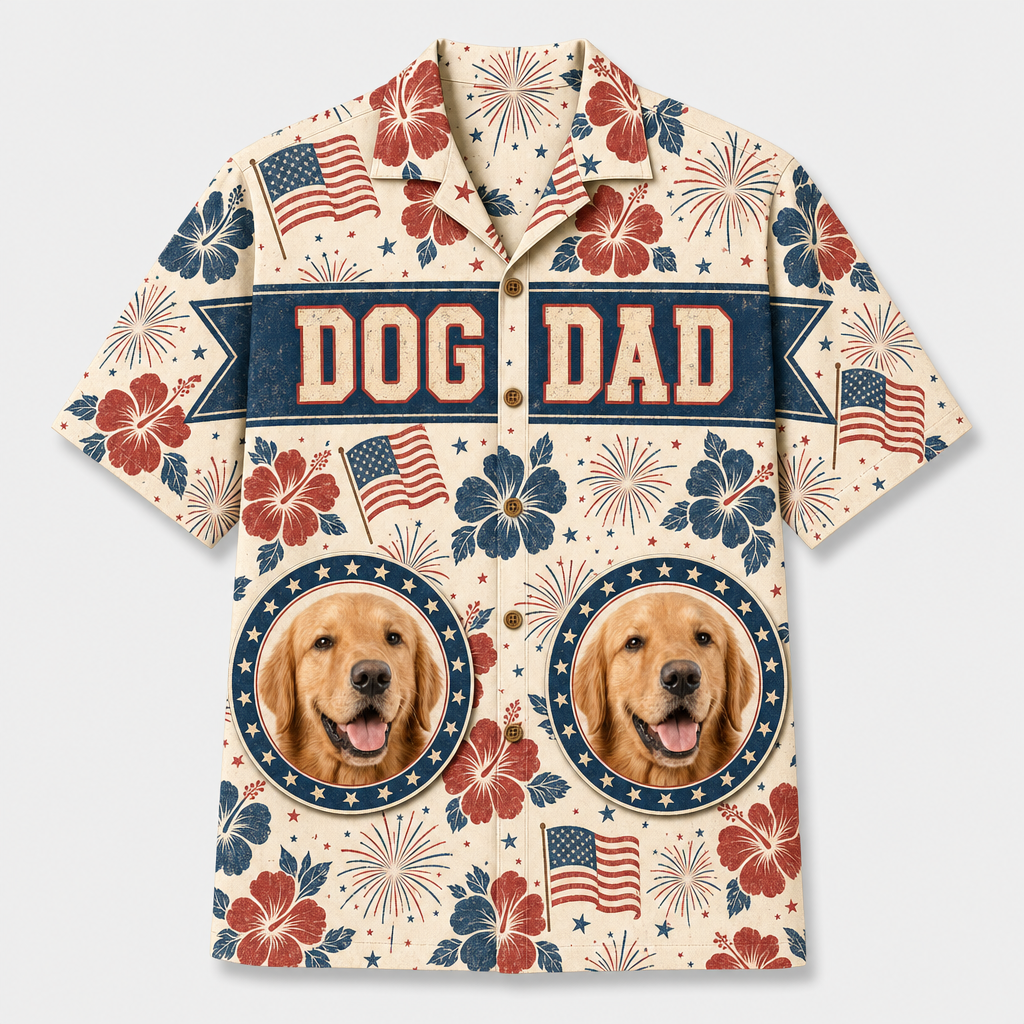 Patriotic Dog Dad Hawaiian Shirt – 2 Pet Photo Edition - Hero