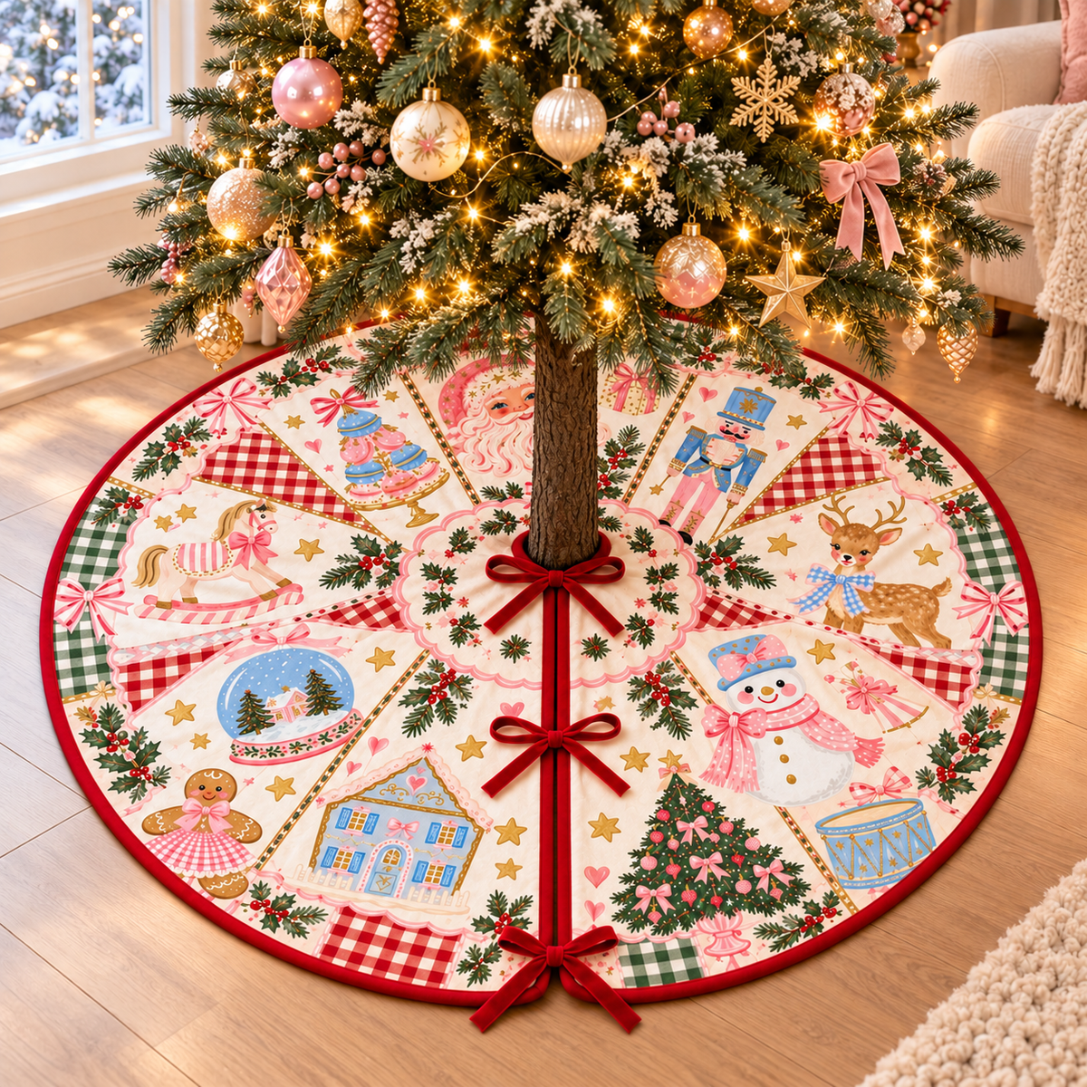 Pink Christmas Tree Skirt, Coquette Christmas Decor, Pastel Nutcracker Santa Gingerbread Holiday Tree Skirt d65fa26e-8e94-4cc5-b317-273d854ba70b-banner-2.png