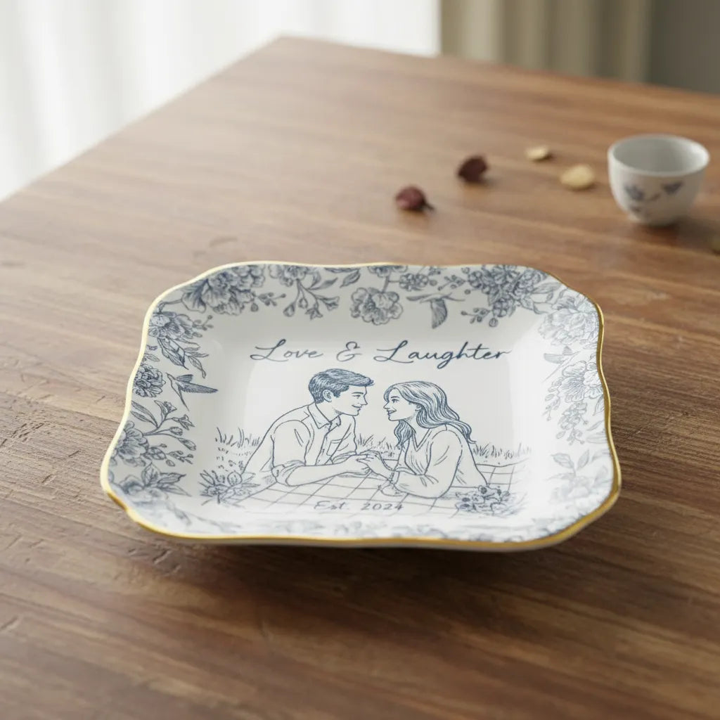 Custom Photo Pencil Sketch Loving Couple Family Pet - Personalized Ring Dish