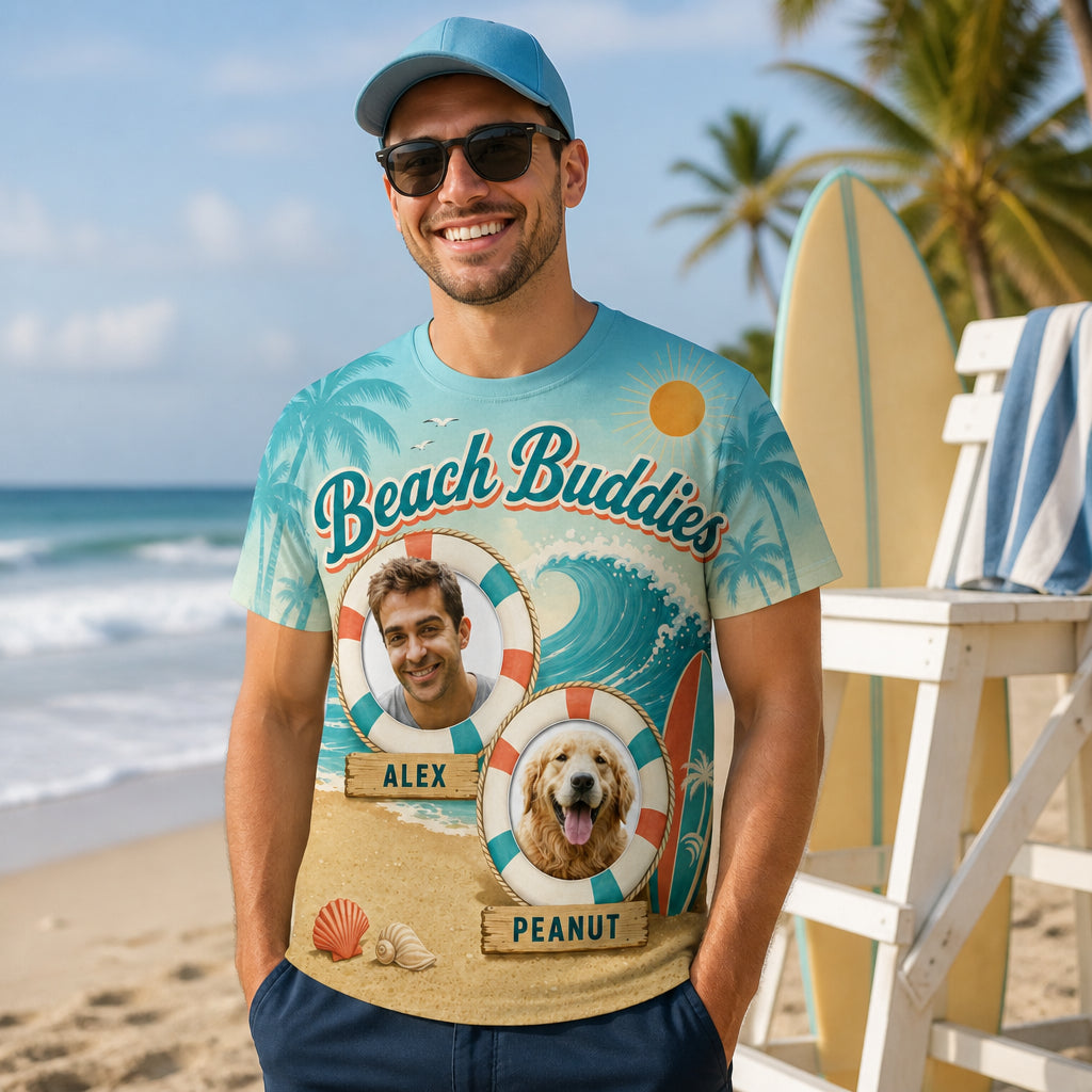 Beach Buddies — Custom Person + Pet Photo AOP T‑Shirt - Lifestyle 1