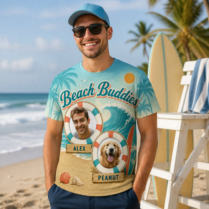 Beach Buddies — Custom Person + Pet Photo AOP T‑Shirt - Lifestyle 1