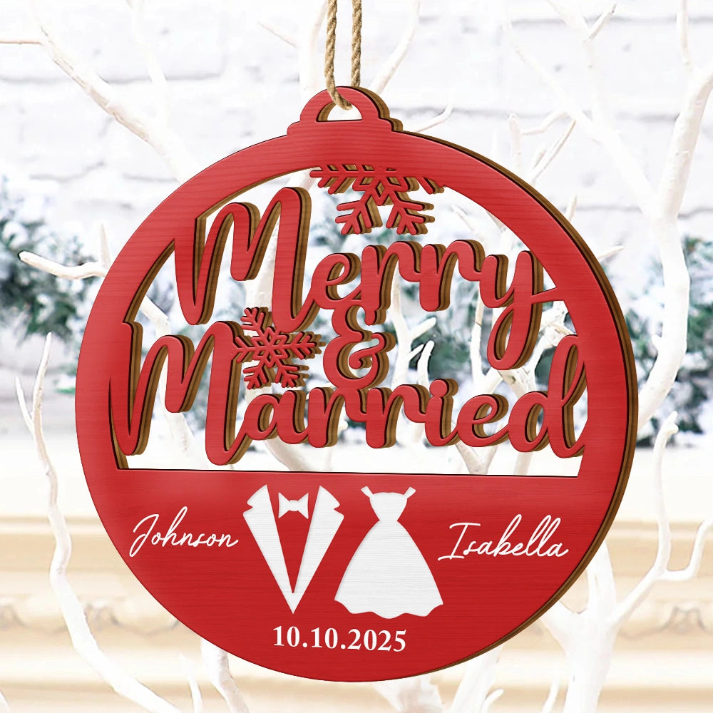 First Christmas Couple Merry & Married - Personalized Custom Shaped Wooden Ornament d96c8353-c67f-4beb-8068-ffe574c03c09-AT1754-CIN3607-MK-3.jfif