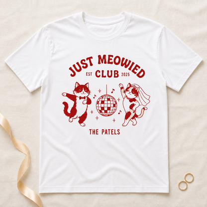 Just Meowied Personalized Cat Wedding T-Shirt – Funny Newlywed Couple Tee, Custom Family Name Gift for Cat Lovers