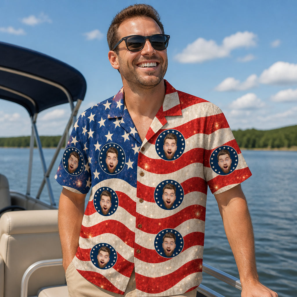 Custom Face USA Flag Hawaiian Shirt - Lifestyle 1