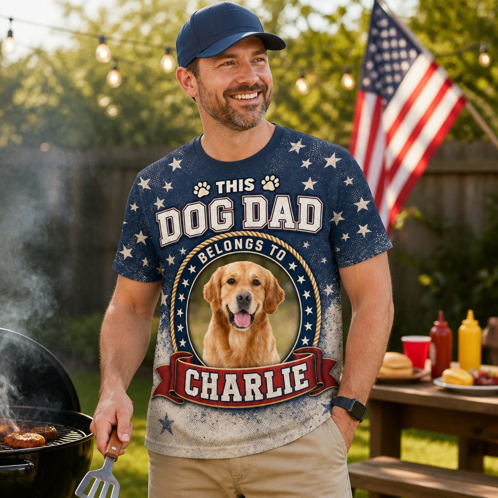 Patriotic Dog Dad Photo Badge AOP Tee - Lifestyle 2