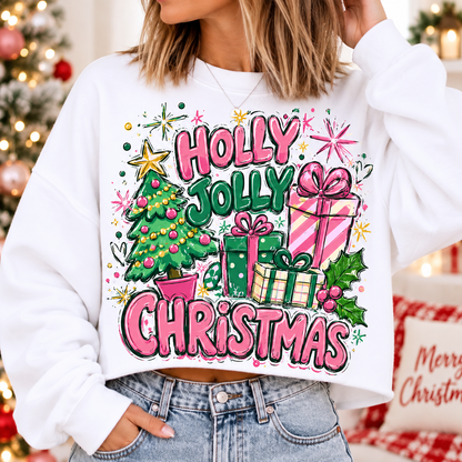 Holly Jolly Christmas Sweatshirt – Quirky Pink & Green Christmas Tree Sweater, Colorful Retro Holiday Gift for Her db209543-36ce-4c1f-9654-df79c83b07b2-2.png