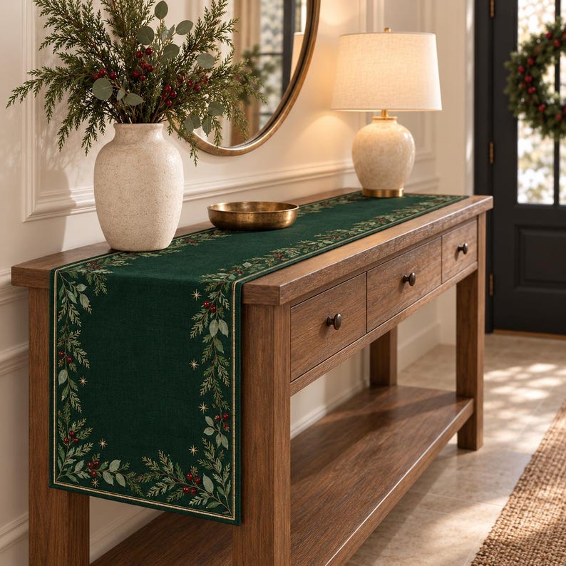 Dark Green Botanical Christmas Table Runner, Faux Linen Evergreen Table Decor, Rustic Holiday Dining Room Accent dd34260c-9932-4e63-ba52-b6b0792bacc6-a2.jpg