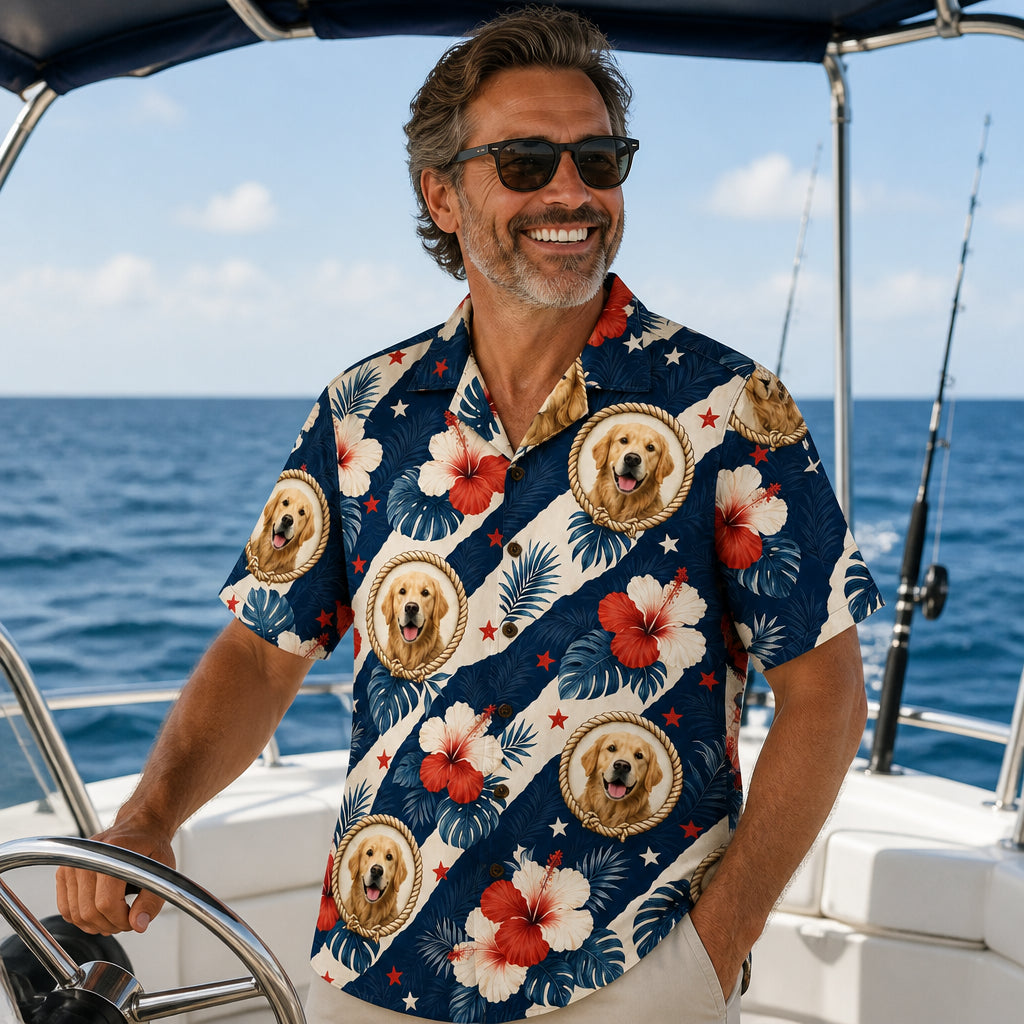 Custom Pet Face Patriotic Hibiscus Hawaiian Shirt - Lifestyle 1