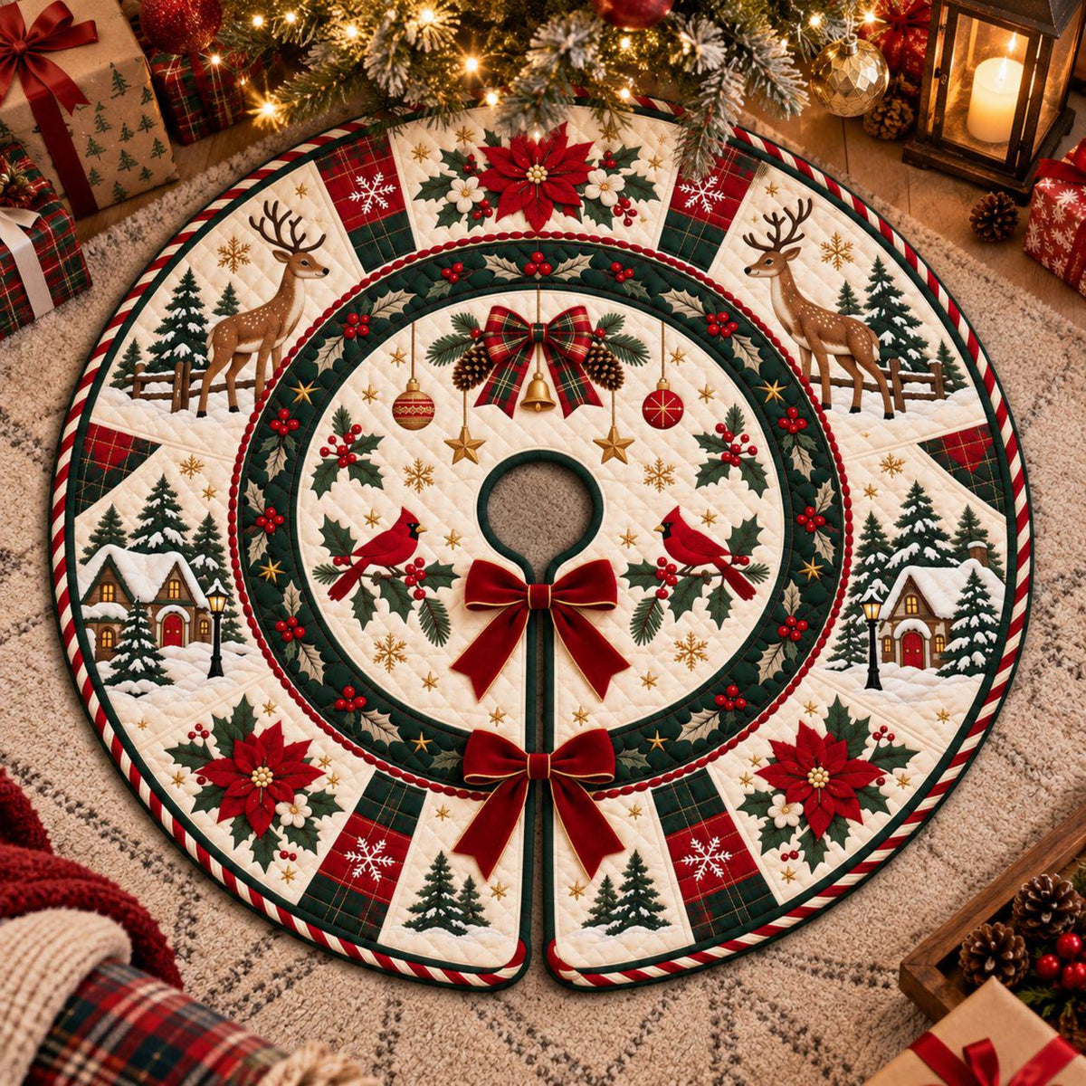 Quilted Christmas Tree Skirt, Reindeer Cardinal Tree Skirt, Poinsettia Winter Decor, Red Green Plaid Rustic Holiday Tree Mat dfbef7a0-b6b1-42d1-b7c0-369bacf61a22-1.jpg