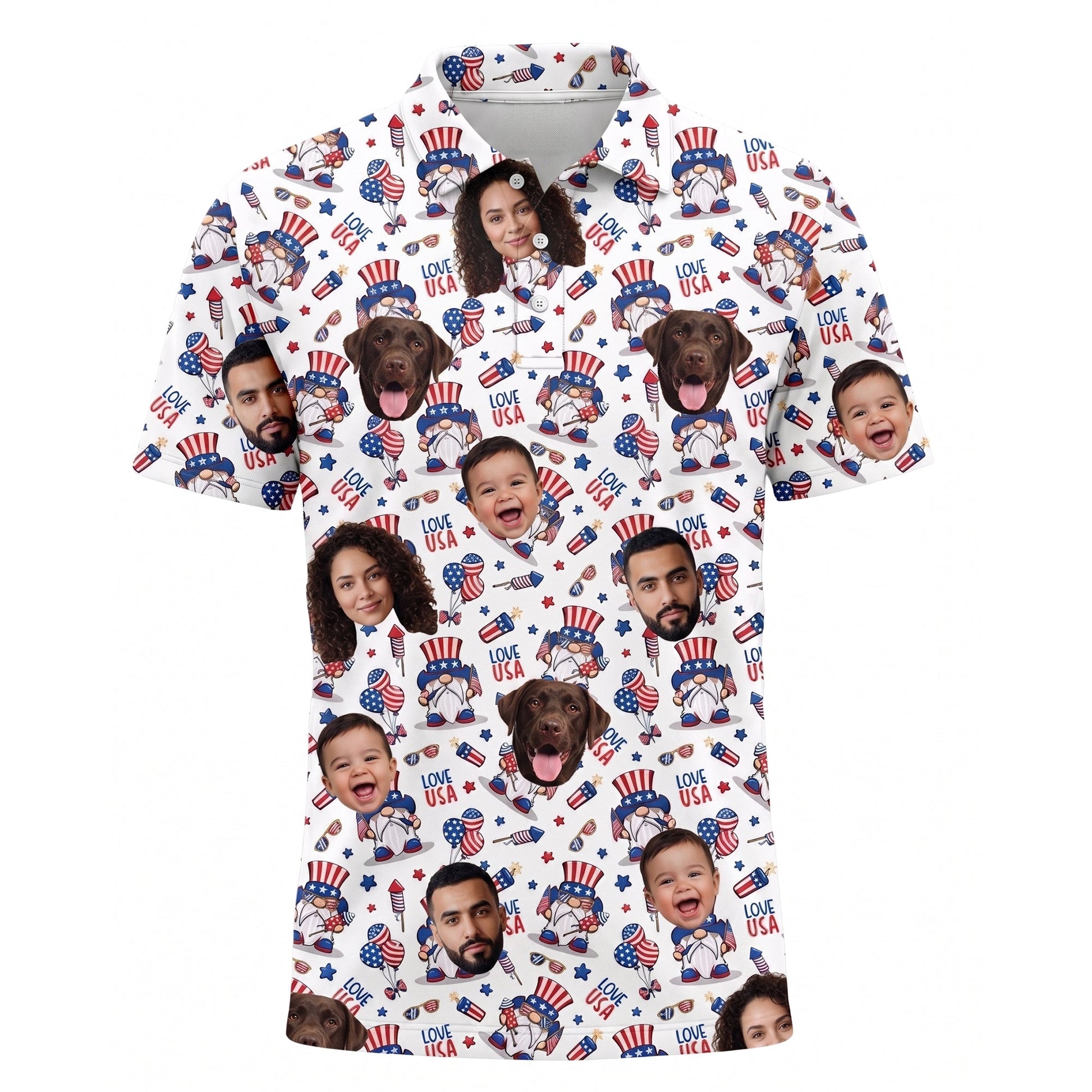 Custom Face American Flag Gnome Polo Shirt