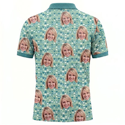 Men's Custom Face Photo Print Polo Shirt Teal Scale