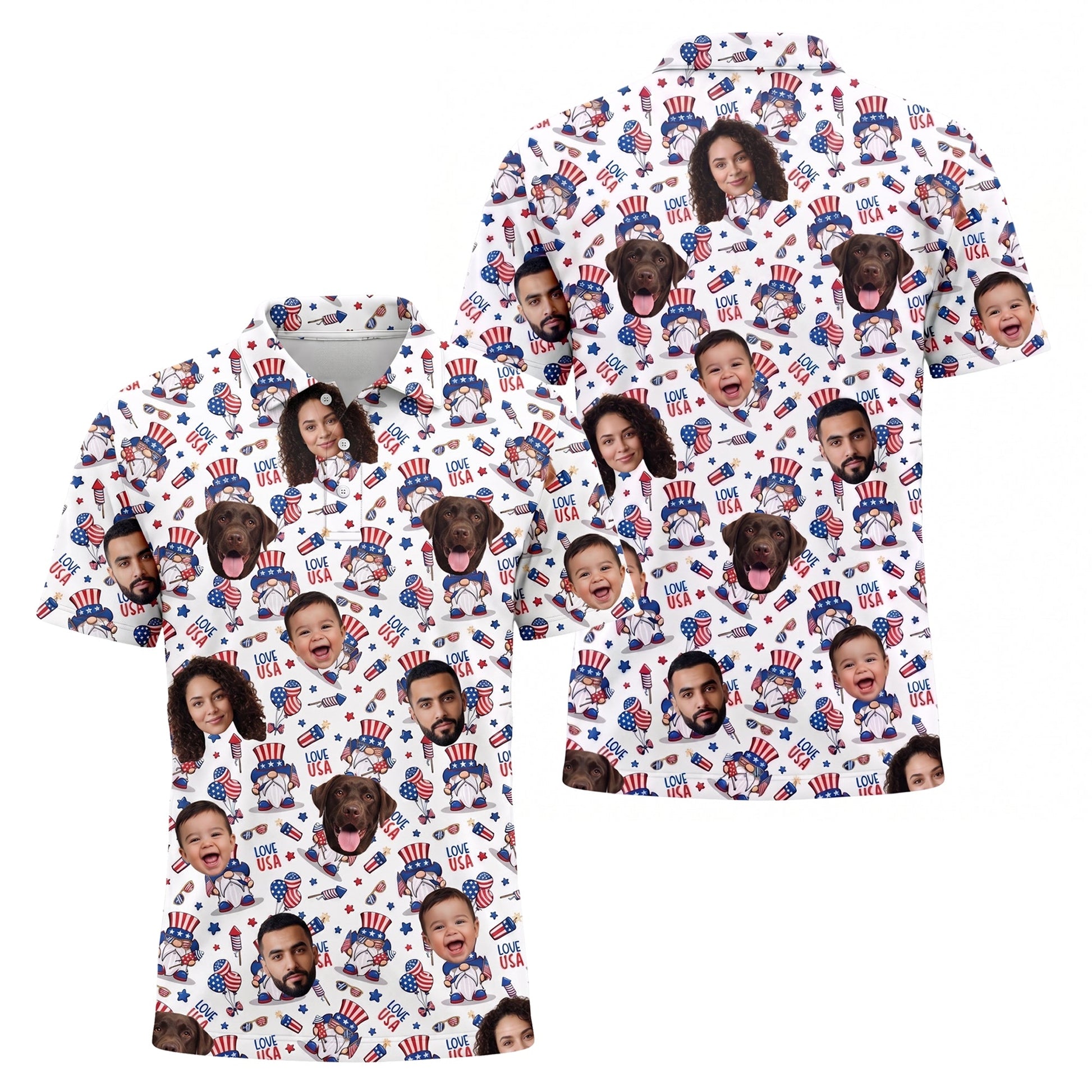 Custom Face American Flag Gnome Polo Shirt