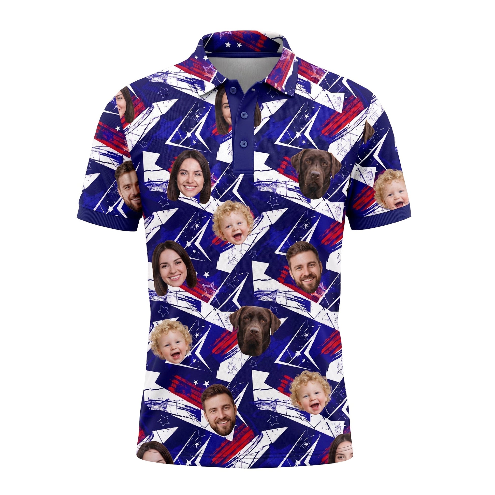 Custom Face Polo Shirt Blue Star Pattern