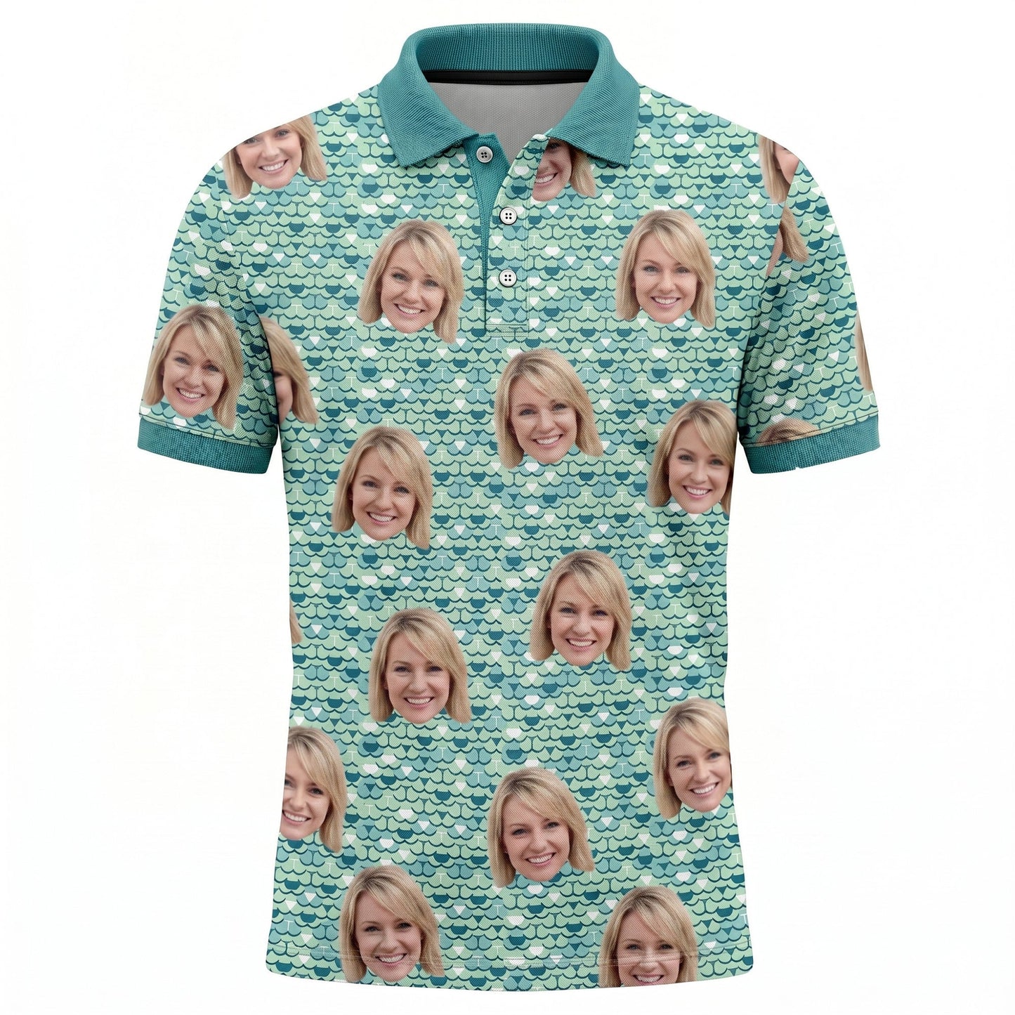 Men's Custom Face Photo Print Polo Shirt Teal Scale