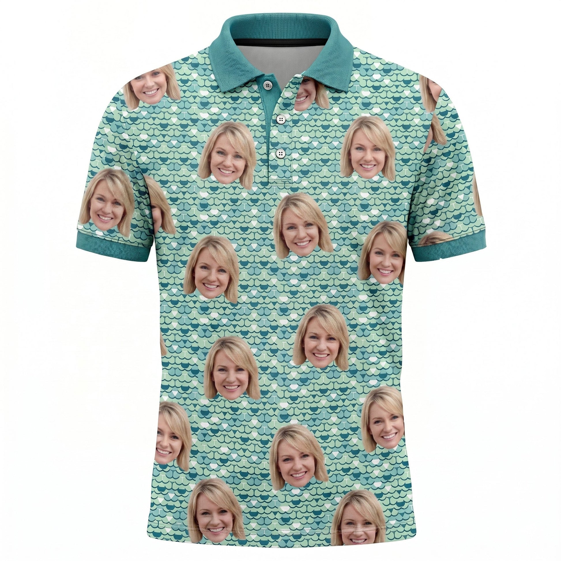 Men's Custom Face Photo Print Polo Shirt Teal Scale