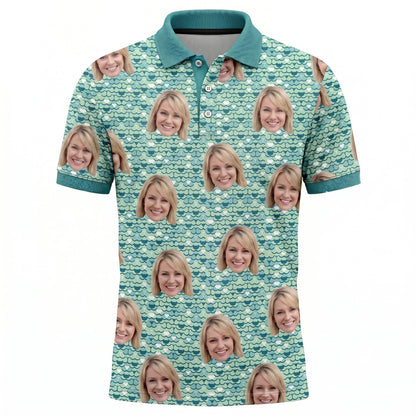 Men's Custom Face Photo Print Polo Shirt Teal Scale