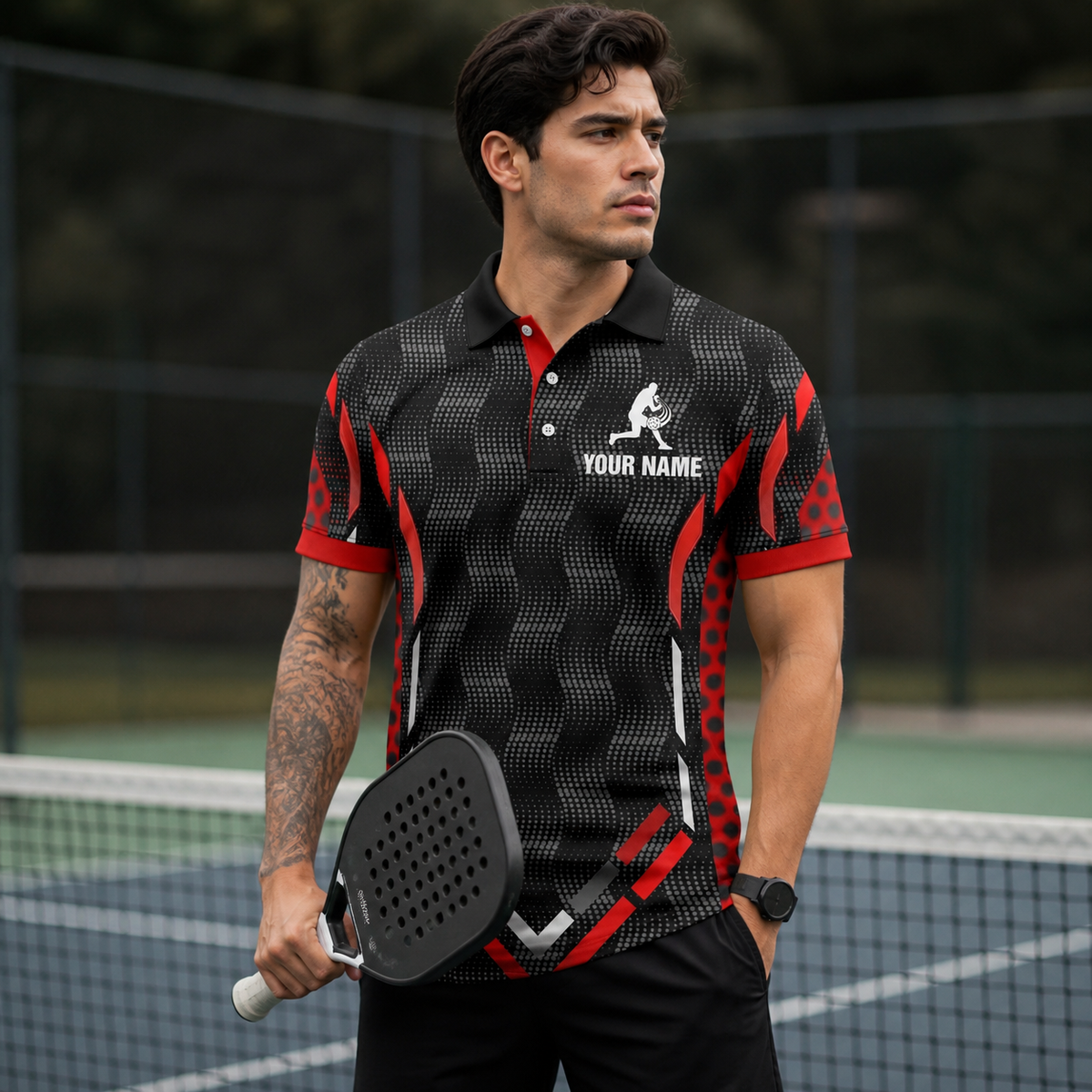 Custom Black Red Pickleball Polo Shirt