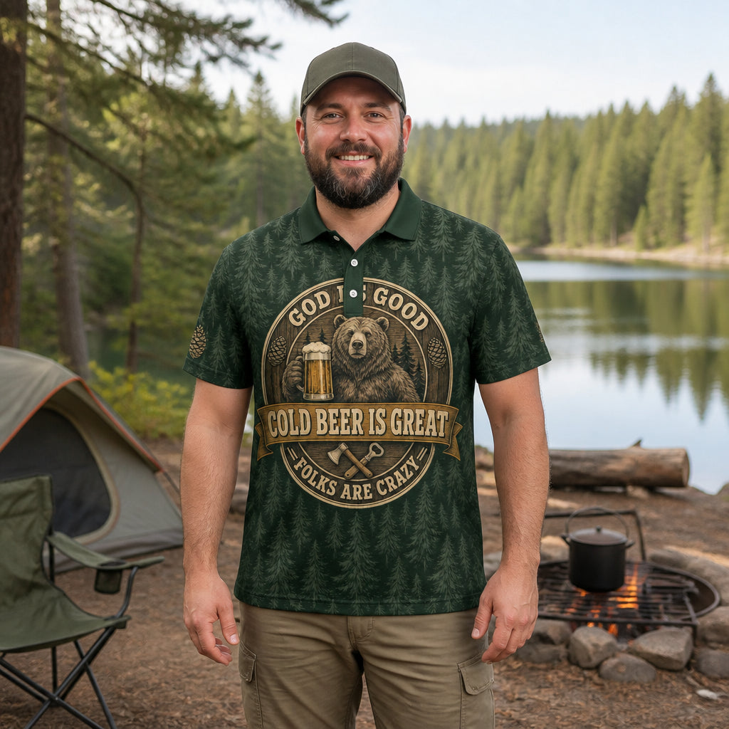 Bear & Beer Forest AOP Polo – God Is Good, Cold Beer Is Great - Polo shirt - All over printed e311e4b7-a490-4d85-8f83-f5117881f594.jpg