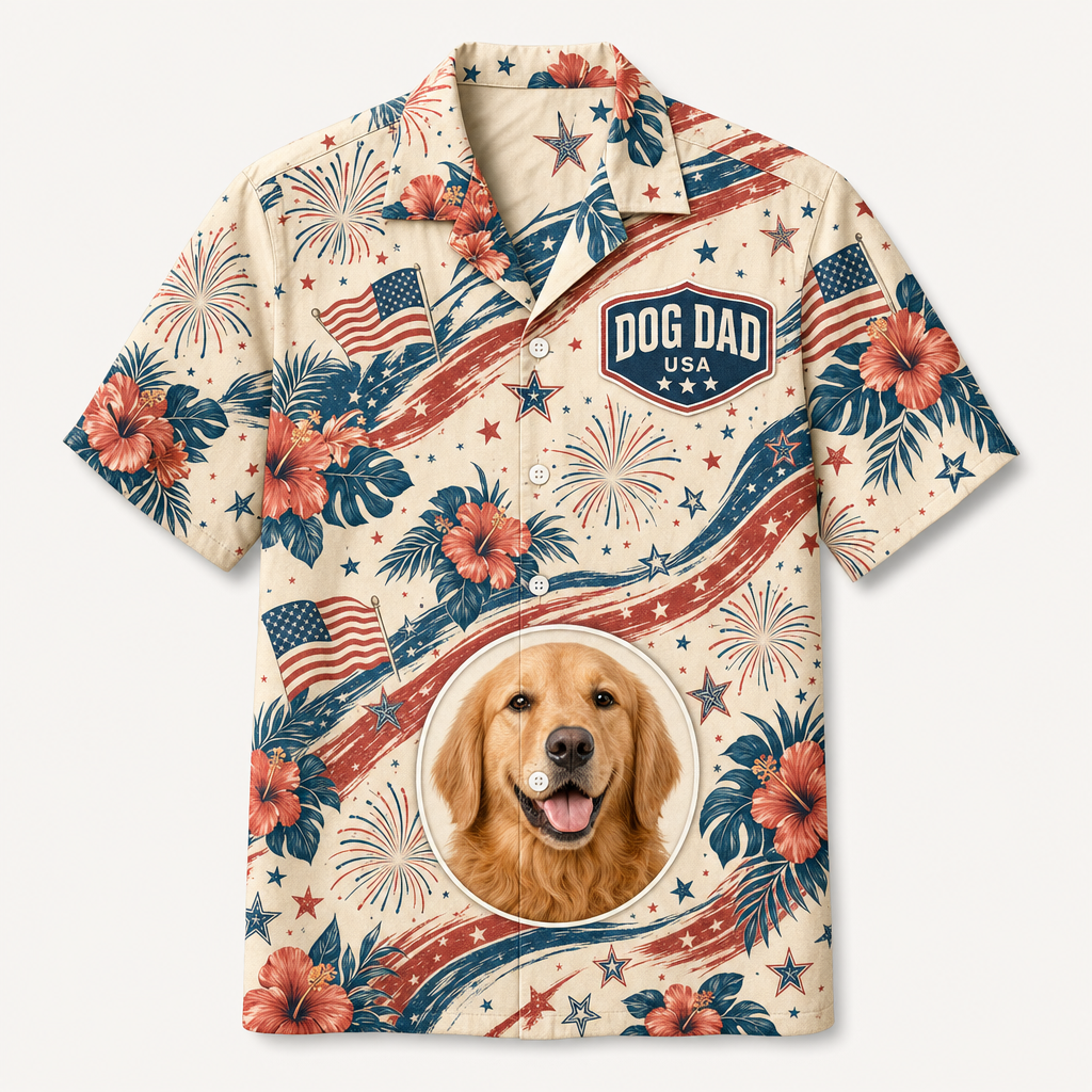 Patriotic Dog Dad Hawaiian Shirt — Custom Pet Photo - Hero