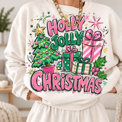 Holly Jolly Christmas Sweatshirt – Quirky Pink & Green Christmas Tree Sweater, Colorful Retro Holiday Gift for Her e445903e-8df1-489d-a255-685aa1058fb8-1.png