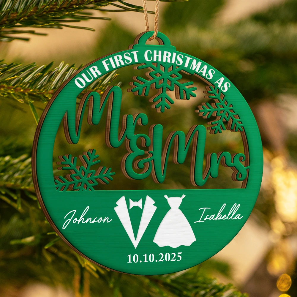 First Christmas Couple Merry & Married - Personalized Custom Shaped Wooden Ornament e53bead2-fe45-4d7c-9235-a283f1271f4a-AT1754-CIN3607-MK-2.png