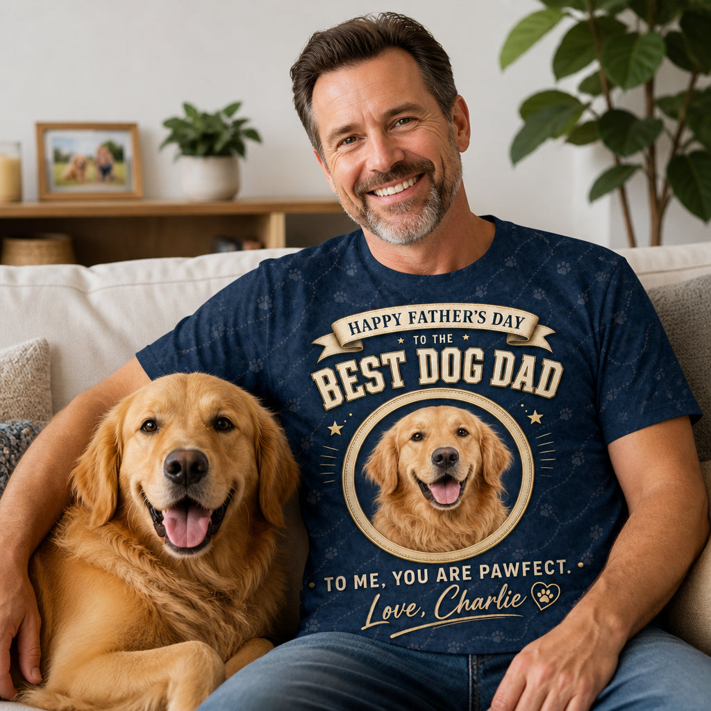 Happy Father’s Day Best Dog Dad – Pet Photo & Name AOP Tee - Lifestyle 2