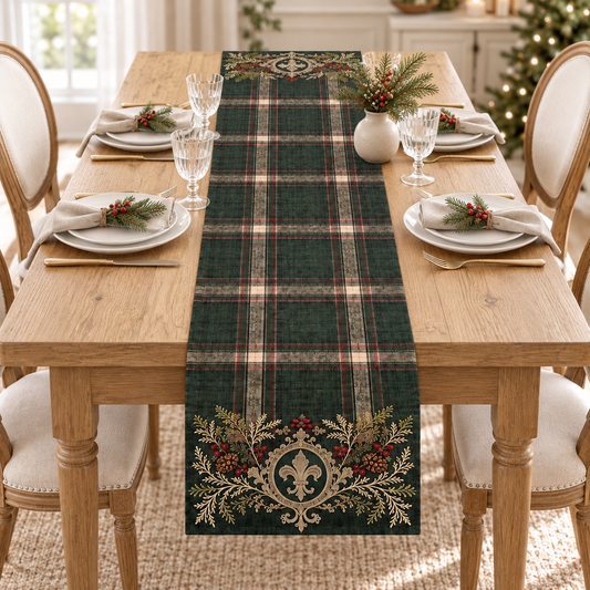 Dark Green Tartan Christmas Table Runner, Vintage Botanical Holiday Table Decor, Rustic Plaid Winter Dining Accent e5b5250c-bef4-479a-9e18-c90ab04d3bfa-Forest-green-tartan-runner-on-oak-table.png
