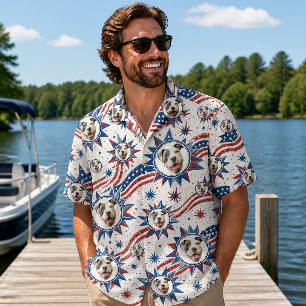 Custom Pet Face Patriotic Hawaiian Shirt - Lifestyle 1
