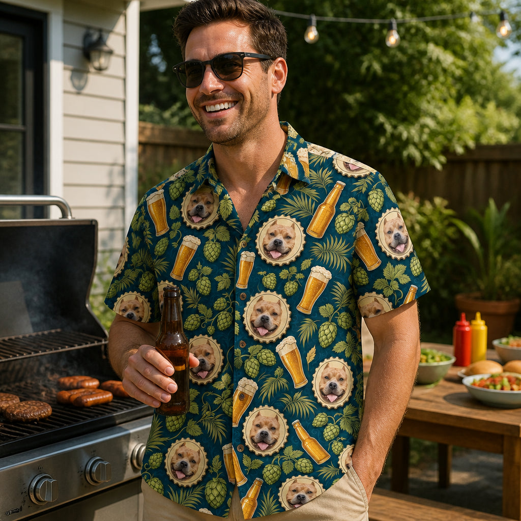 Custom Pet Face x Beer Pattern Hawaiian Shirt - Lifestyle 1