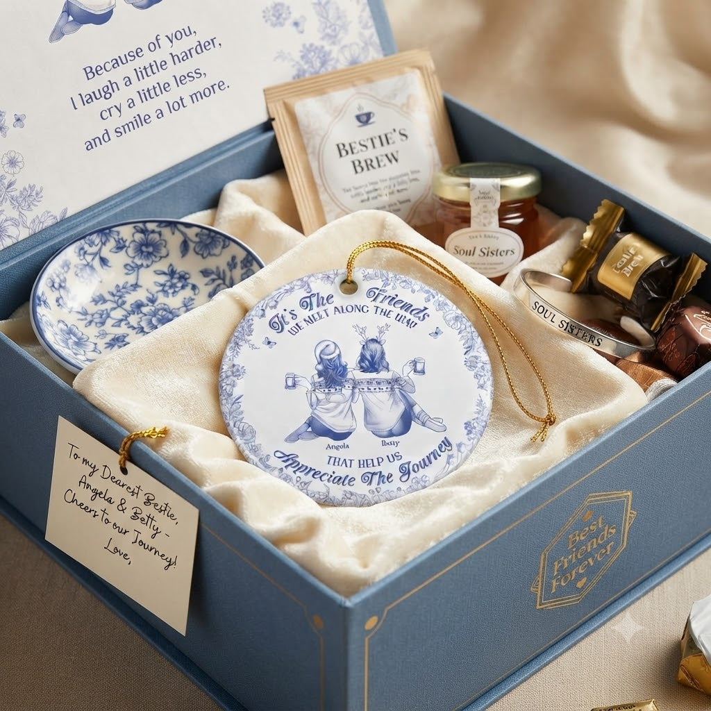 Friends We Meet Along The Way Toile De Jouy Besties - Personalized Circle Ceramic Ornament e7089be0-0361-4724-9557-3adca5d368c5-99921328-df95-47d7-a4d3-6cc88c0b77eb.jfif