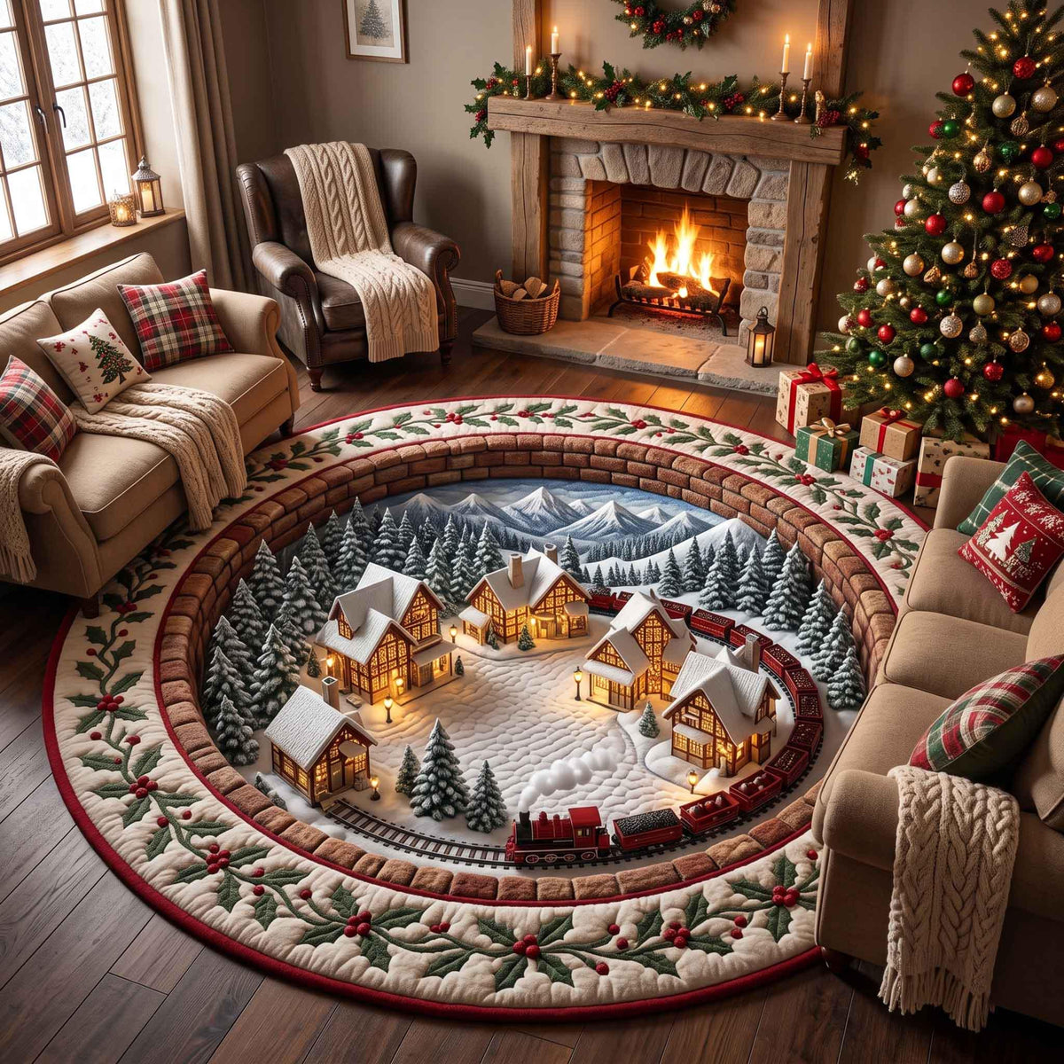 Christmas Village Train Rug, Winter Wonderland Round Floor Mat, Holiday Home Decor, Cozy Christmas Gift e758c7f7-d647-4299-9b5d-2d61e7413b06-11.jpg
